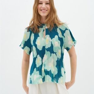 InWear Floral Pleated Top - Blue, Green and Cream